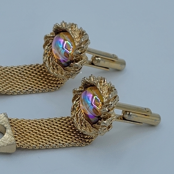 Goldtone Cufflinks Amber Tone Cabachon Aurora Borealis Finish #1182 - Picture 7 of 13